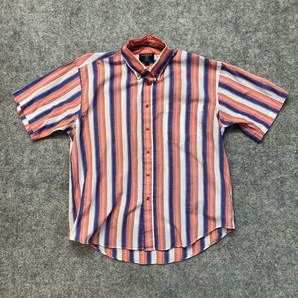 Salmon River Traders Striped Shirt Mens L Orange Blue Excellent Short Sleeve VTG